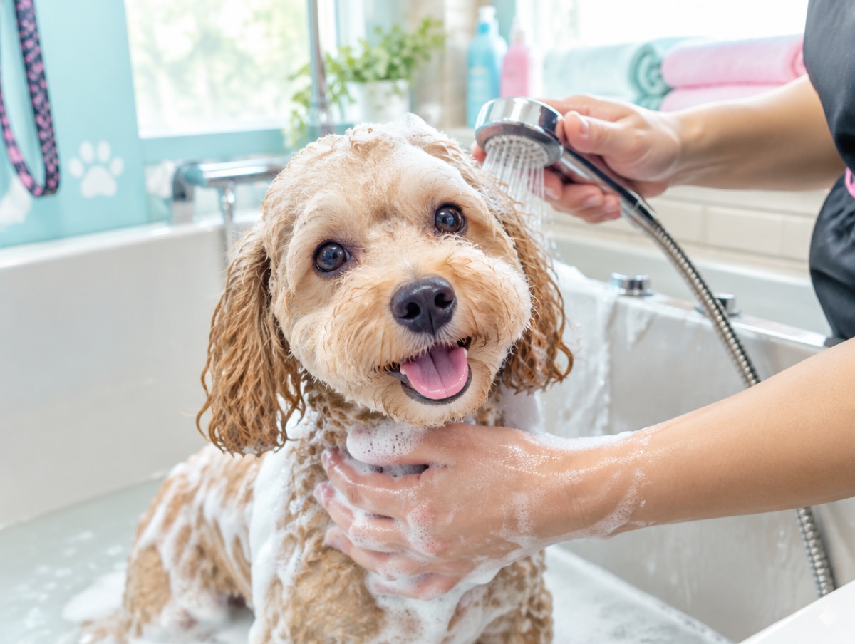 Perro caniche bañándose con espuma en la peluquería canina